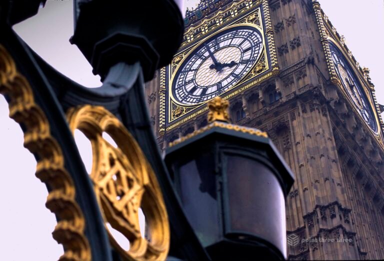Big Ben, London England, with light post in foreground