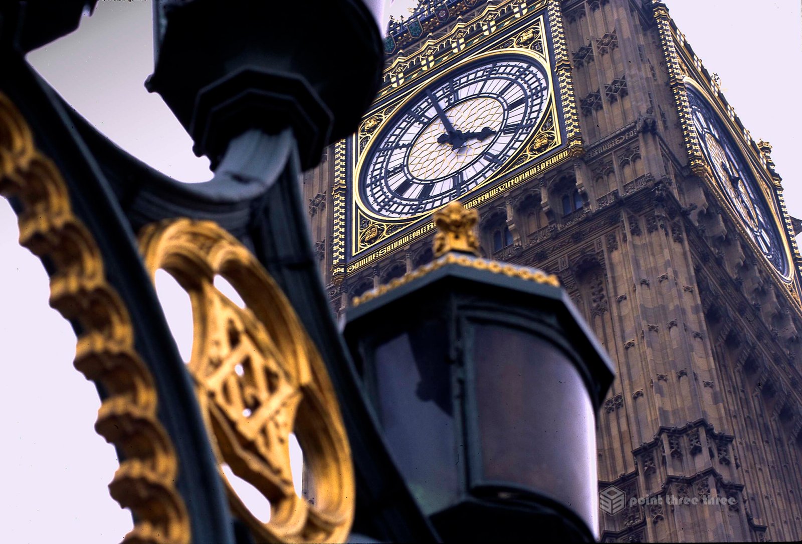 Big Ben, London England, with light post in foreground