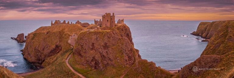 Dunnottar Castle is a ruined medieval fortress located upon a 160ft rocky cliff on the northeast coast of Scotland