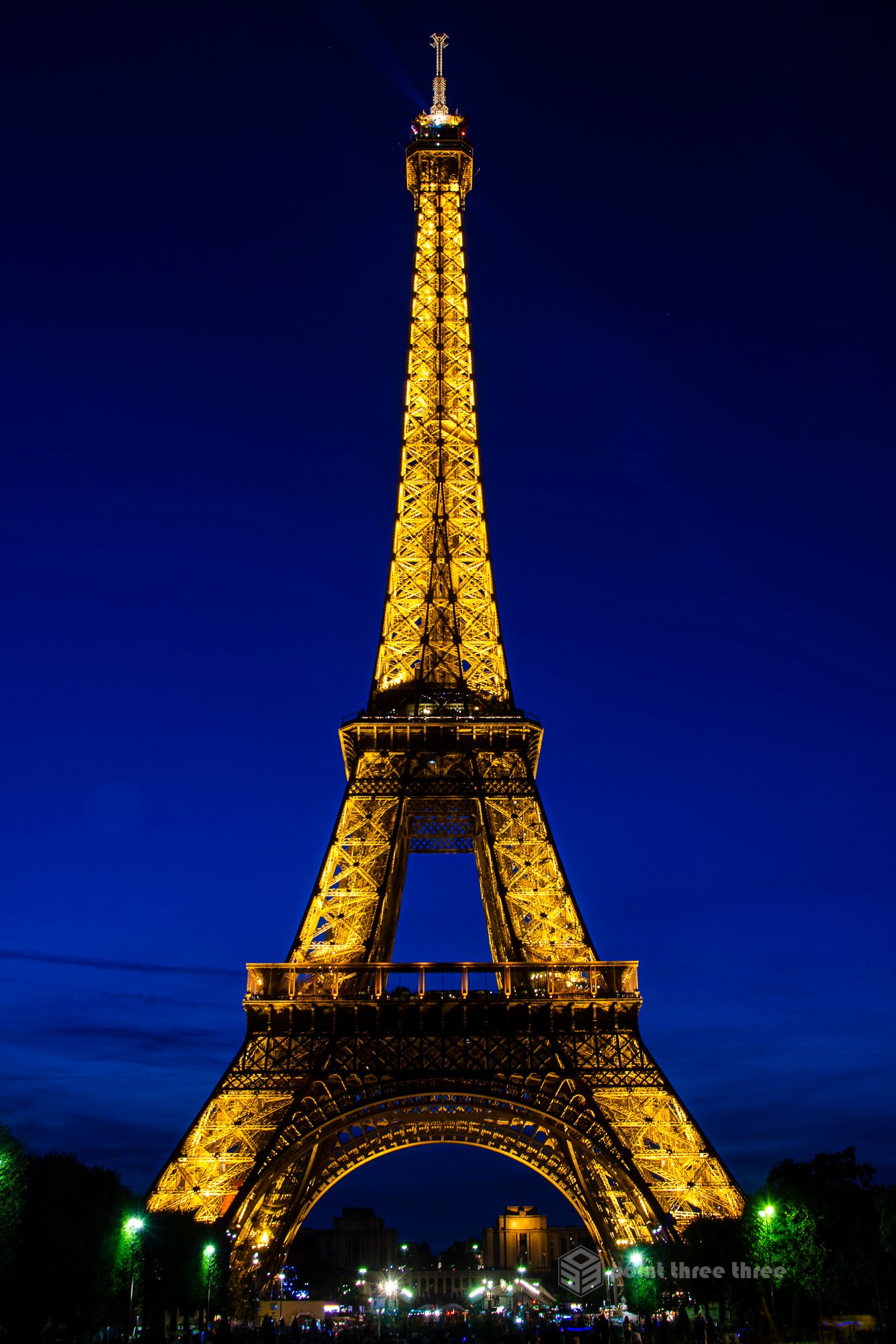 Eiffel Tower at Sunset with lights on, Paris, France