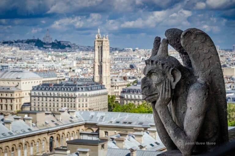 Gargoyle and Sacré-Cœur de Montmartre from Notre Dame Cathedral Paris France