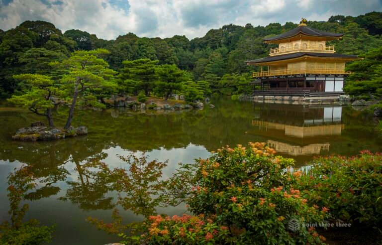 Kinkakuji (Golden Pavilion) in Kyoto Japan. Temple building covered in gold.