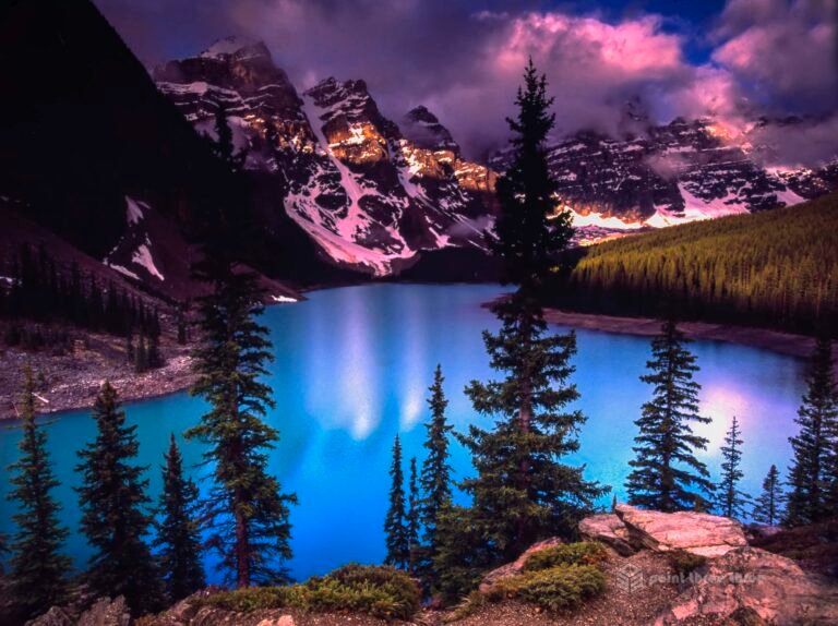 Sunrise of Moraine Lake and Valley of the Ten Peaks in Banff National Park