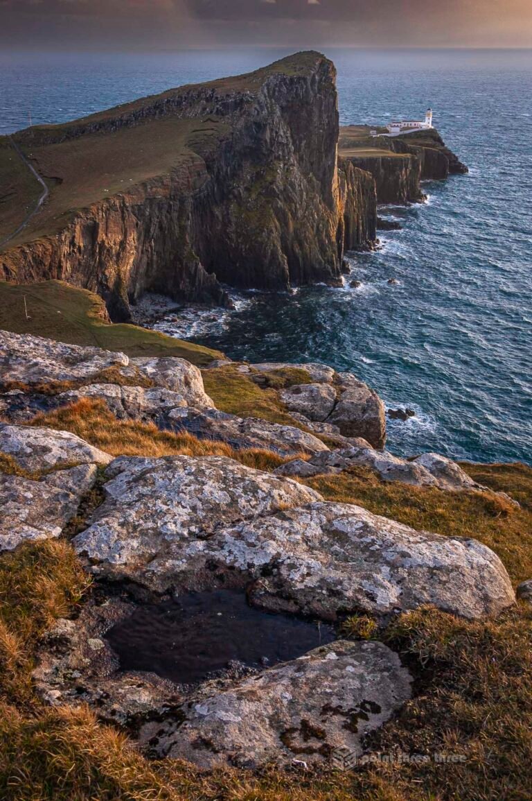 Sunset at Neist Point Lighthouse in the Isle of Skye Scotland.