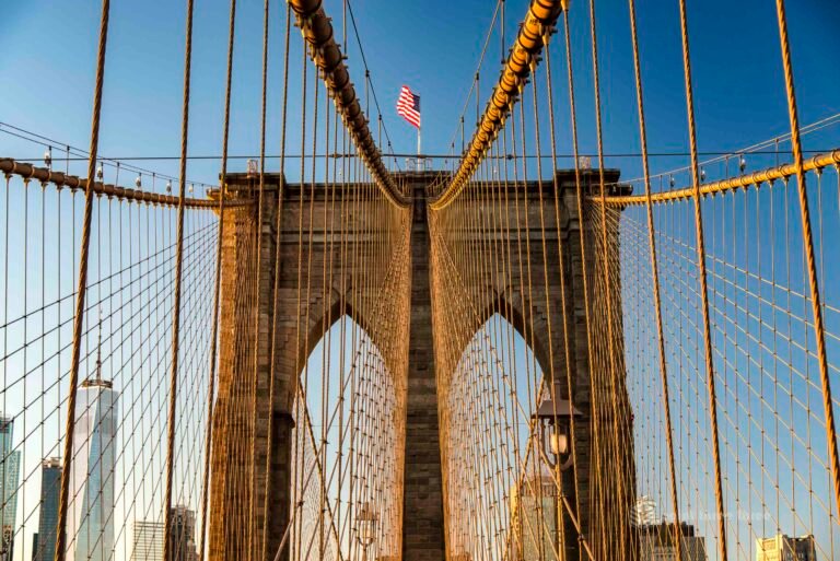 Sunset on Brooklyn Bridge Suspension Cables, New York
