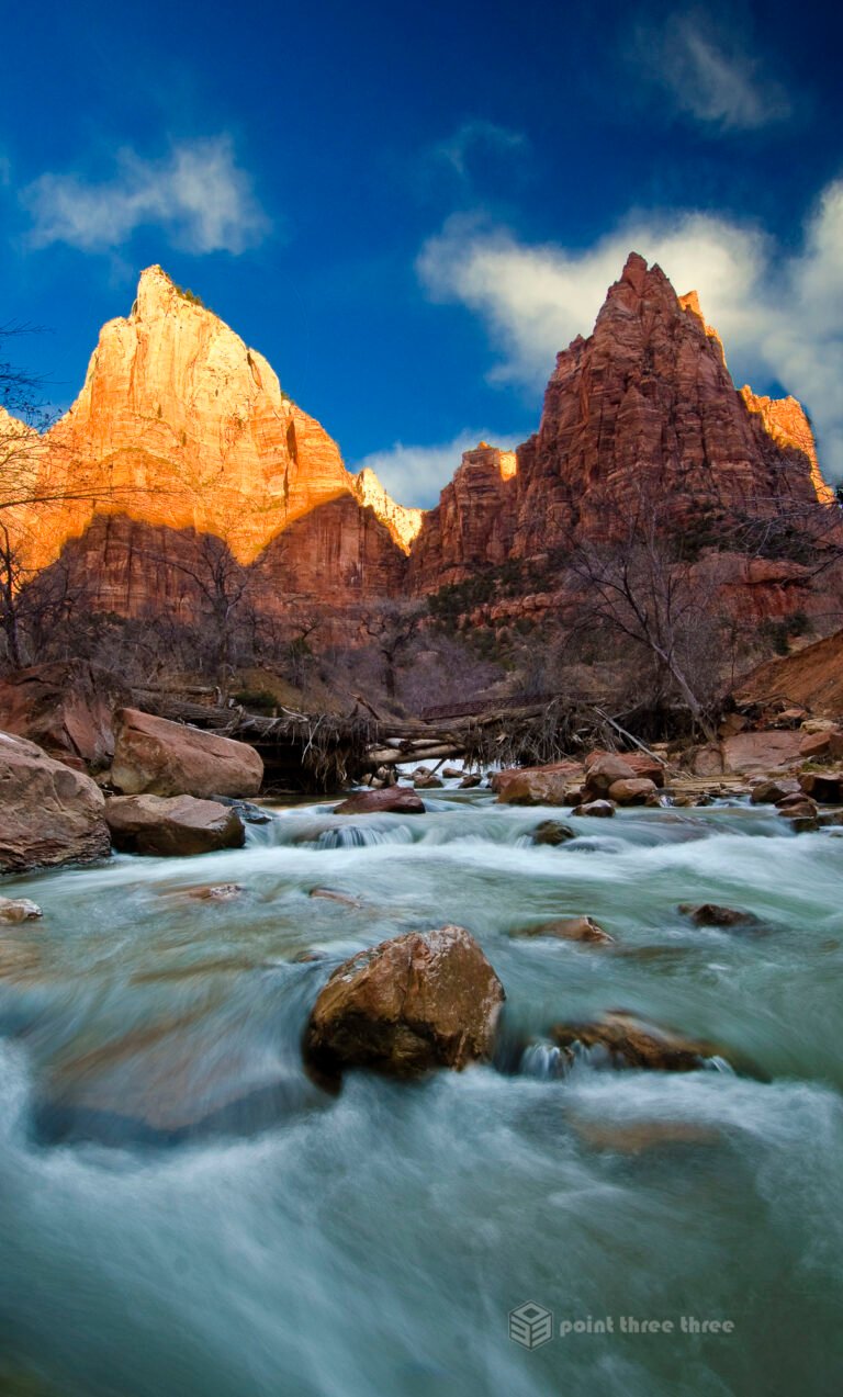 Sunrise and stream at Court of the Patriarchs Zion National Park