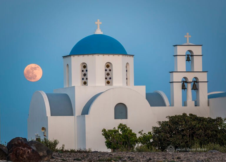 Full Moon and Greek Church at sunset by Heart of Santorini, Santorini