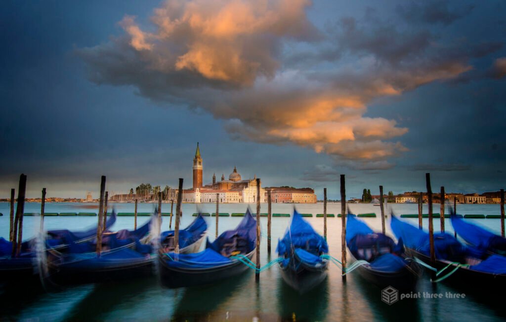 Travel Photography | Sunset Gondolas and Campanile of San Giorgio Maggiore Venice Italy