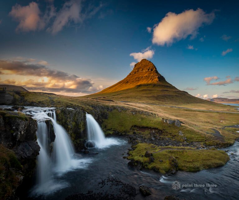 Sunset at Kirkjufell and Kirkjufellsfoss Waterfall, Iceland