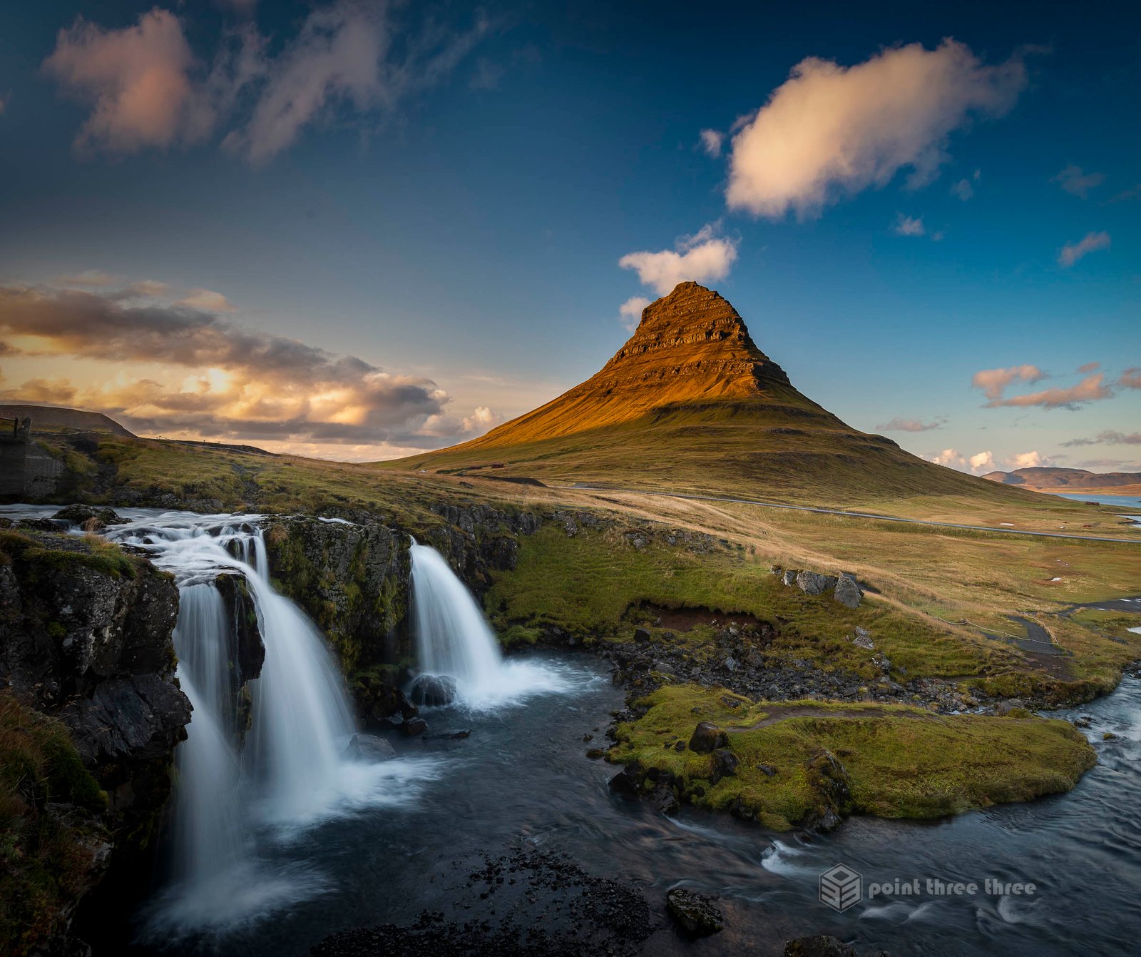 Sunset at Kirkjufell and Kirkjufellsfoss Waterfall, Iceland
