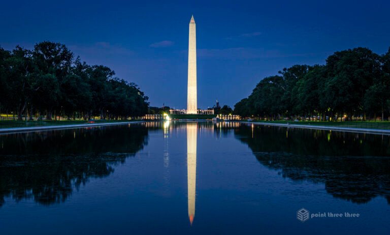 Blue hour with the Washington Monument reflected in the Lincoln Reflecting Pool