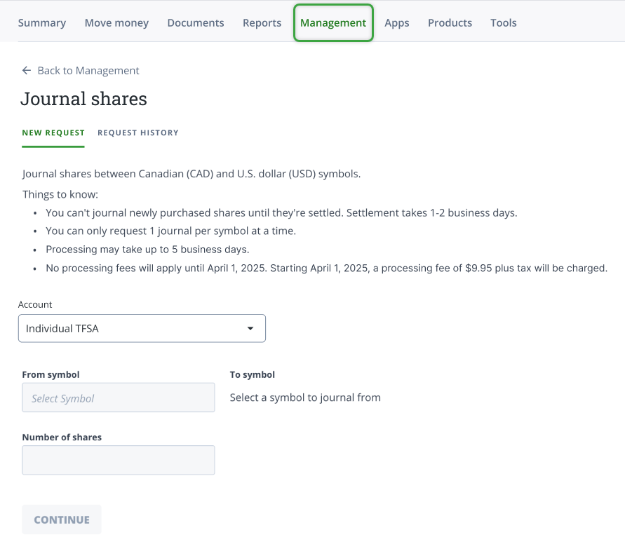 Questrade Journaling shares landing page