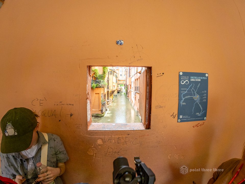 View of the Reno Canal through the famous Finestrella (small window) on Via Piella in Bologna.