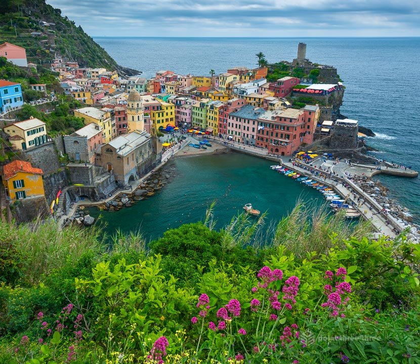 High-angle view of Vernazza harbor and its green waterfront, featuring the Santa Margherita d'Antiochia Church and colorful Italian boats.