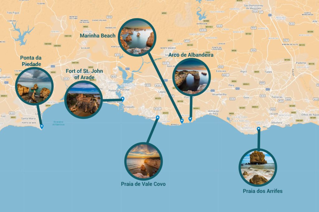 Map of the Algarve with callouts of the best photo locations.