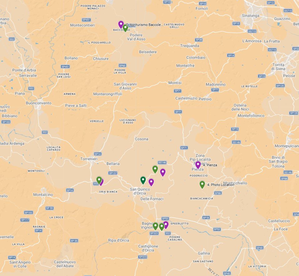 Map with pins of locations and where to take your photos in the Val D'Orcia region of Tuscany Italy