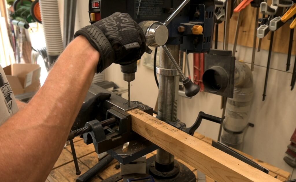 Drilling Holes for Angle Iron on the drill press - Wood Slat supports